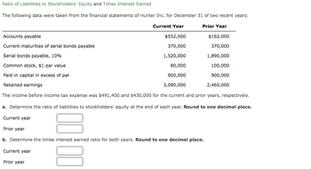 Ratio of Liabilities to Stockholders' Equity and Times Interest Earned
The following data were taken from the financial statements of Hunter Inc. for December 31 of two recent years:
Current Year
Prior Year
Accounts payable
$552,000
$162,000
Current maturities of serial bonds payable
370,000
370,000
Serial bonds payable, 10%
1,520,000
1,890,000
Common stock, $1 par value
80,000
100,000
Paid-in capital in excess of par
900,000
900,000
Retained earnings
3,090,000
2,460,000
The income before income tax expense was $491,400 and $430,000 for the current and prior years, respectively.
a. Determine the ratio of liabilities to stockholders' equity at the end of each year. Round to one decimal place.
Current year
Prior year
b. Determine the times interest earned ratio for both years. Round to one decimal place.
Current year
Prior year