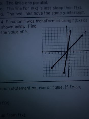 b. The lines are parallel.
c. The line for n(x) is less steep than f(x).
d. The two lines have the same y-intercept.
4. Function f was transformed using f(bx) as
shown below. Find
the value of b.
6 5 4 3 2
765
-2
3
-5
6
-7
each statement as true or false. If false,