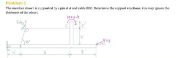 Problem 1
The member shown is supported by a pin at A and cable BDC. Determine the support reactions. You may ignore the
thickness of the object.
Pulley D
75°
40 kip-ft
01
12 kip
15'
8'