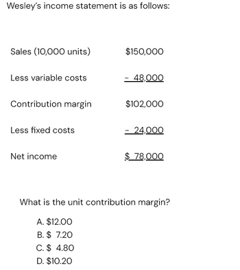 Wesley's income statement is as follows:
Sales (10,000 units)
Less variable costs
Contribution margin
Less fixed costs
Net income
$150,000
- 48,000
$102,000
- 24,000
$ 78,000
What is the unit contribution margin?
A. $12.00
B. $ 7.20
C. $ 4.80
D. $10.20