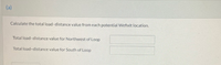 (a)
Calculate the total load-distance value fromeach potential Wefixit location.
Total load-distance value for Northwest of Loop
Total load-distance value for South of Loop
