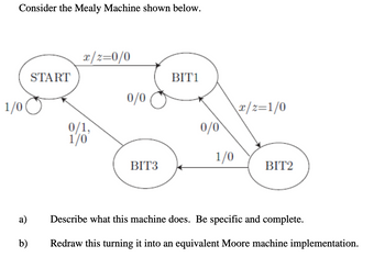 Consider the Mealy Machine shown below.
x/2=0/0
START
BIT1
0/0
1/0
x/2=1/0
0/1,
0/0
1/0
1/0
BIT3
BIT2
a)
Describe what this machine does. Be specific and complete.
b)
Redraw this turning it into an equivalent Moore machine implementation.