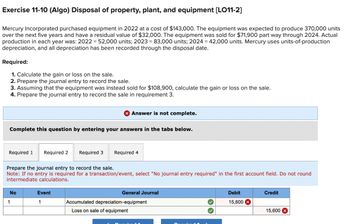 Exercise 11-10 (Algo) Disposal of property, plant, and equipment [LO11-2]
Mercury Incorporated purchased equipment in 2022 at a cost of $143,000. The equipment was expected to produce 370,000 units
over the next five years and have a residual value of $32,000. The equipment was sold for $71,900 part way through 2024. Actual
production in each year was: 2022 = 52,000 units; 2023 = 83,000 units; 2024 = 42,000 units. Mercury uses units-of-production
depreciation, and all depreciation has been recorded through the disposal date.
Required:
1. Calculate the gain or loss on the sale.
2. Prepare the journal entry to record the sale.
3. Assuming that the equipment was instead sold for $108,900, calculate the gain or loss on the sale.
4. Prepare the journal entry to record the sale in requirement 3.
Complete this question by entering your answers in the tabs below.
Required 1
Answer is not complete.
No
1
Required 2 Required 3 Required 4
Prepare the journal entry to record the sale.
Note: If no entry is required for a transaction/event, select "No journal entry required" in the first account field. Do not round
intermediate calculations.
Event
1
General Journal
Accumulated depreciation-equipment
Loss on sale of equipment
Required 2
>››
Debit
15,600 x
Credit
15,600