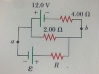 This image depicts an electrical circuit diagram with the following components:

1. **Voltage Source**:
   - A 12.0 V battery on the top left, with its positive terminal connected to the circuit.

2. **Resistors**:
   - Three resistors are connected in the circuit:
     - A 4.00 Ω resistor on the top horizontal path between points `a` and `b`.
     - A 2.00 Ω resistor in the middle horizontal path parallel to the first resistor.
     - Another resistor labeled `R` in the bottom horizontal path parallel to the other resistors.

3. **Connections**:
   - The circuit forms a parallel configuration with the three resistors as each path connects between nodes `a` and `b`.

4. **Additional Voltage Source**:
   - There is another voltage source labeled `ε` at the bottom, oriented with the positive terminal towards the right.

This diagram can be used to analyze current distribution, voltage drops across each resistor, and equivalent resistance in a parallel circuit setup. Understanding such diagrams is essential for solving circuit analysis problems in physics and electrical engineering.