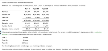 Product Decisions Under Bottlenecked Operations
Mill Metals Inc. has three grades of metal product, Type 5, Type 10, and Type 20. Financial data for the three grades are as follows:
Type 5
Type 10
Type 20
$43,000
$(34,000)
(8,000)
$(42,000)
$ 1,000
÷ 5,000
$ 0.20
Revenues
Variable cost
Fixed cost
Total cost
Operating income
Number of units
$49,000
$56,500
$(28,000) $(26,500)
(8,000)
(8,000)
$(36,000)
$(34,500)
$13,000
$22,000
÷ 5,000
÷ 5,000
$ 2.60
$4.40
Operating income per unit
Mill's operations require all three grades to be melted in a furnace before being formed. The furnace runs 24 hours a day, 7 days a week, and is a production
bottleneck. The furnace hours required per unit of each product are as follows:
6 hours
6 hours
Type 5:
Type 10:
Type 20:
The Marketing Department is considering a new marketing and sales campaign.
Determining the unit contribution margin per furnace hour will assist in making your decision. Round the unit contribution margin to two decimal places.
12 hours