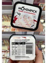 MOVENPICK
PANNA COTTA RASPBERRY
FULL
OF
SPIRIT
SPOON
NSIDE
HK) Nutrition Information /TW)HK)營養標示/營養資料
Sening size: 100 mL (56 g)/每一份量 56 公克 / 食用分量: 100 毫升 (56 克)
Senings per package: 1 / 本包裝含1份 / 每包裝所含食用分量數目:1
Per 100 mL/Per sering/
每100毫升/每份/
每食用分量
600 KJ/千焦
140.6 kcal /大卡
Nutrition Information/
營養標示/營養資料
Per 100 g
每100 公克/克
1051 KJ/千焦
251 kcal /大卡
Energy /
熱量
HK Energy
erdue ftre/ 不包括織維)
141 kal /千卡
251 kca /千卡
蛋白質
脂防
Saturated tat/ 飽和脂肪| 40g/公克/克
反式脂防| 03g/公克/克
Catohydrales/碳水化合物| 17.0g/公克/克
糖
腾食織維| 039/公克/克
前
16g/公克/克
739/公克/克
Protein/
28g/公克/克
131g/公克/克
719/公克/克
06g/公克/克
3039/公克/克
250g/公克/克
05g/公克/克
40mg/毫克
Total fat/
Trans fat/
140g/公克/克
Sugars/
Dietary Fibre/
Sodium/
22mg/毫克
Product manufactured by Froneri Switzerland S.A.,
CH-9403 Goldach, Switzerland, www.moevenpick-icecream.com
Used under licence by Froneri International Limited. Registered
Trademarks of Société des Produits Nestlé S.A., Vevey, Switzerland
ALPINE
7 613036 222839
