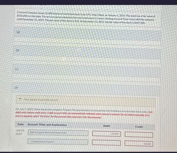 Concord Company issues 10,400 shares of restricted stock to its CFO, Mary Tokar, on January 1, 2025. The stock has a fair value of
$520,000 on this date. The service period related to this restricted stock is 5 years. Vesting occurs if Tokar stays with the company
until December 31, 2029. The par value of the stock is $10. At December 31, 2025, the fair value of the stock is $447,000.
(a)
(b)
(c)
(d)
Your answer is partially correct.
On July 5, 2029, Tokar leaves the company. Prepare the journal entry to account for this forfeiture of restricted stock units. (List
debit entry before credit entry. Credit account titles are automatically indented when amount is entered. Do not indent manually. If no
entry is required, select "No Entry" for the account titles and enter O for the amounts.)
Date Account Titles and Explanation
July 25.
2029
Paid-in Capital-Restricted Stock Units
Compensation Expense
Debit
104000
Credit
104000