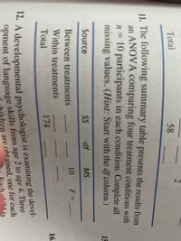 20
Total
58
11. The following summary table presents the results from
an ANOVA comparing four treatment conditions with
n = 10 participants in each condition. Complete all
missing values. (Hint: Start with the df column.)
15
Source
SS
df
MS
Between treatments
10
F =_
Within treatments
Total
16.
174
opment of language skills from age 2 to age 4. Three
Lis
en are obtained, one for each
12. A is the devel-
