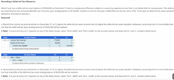 Recording a Deferred Tax Allowance
Allied Corp. has a deferred tax asset balance of $200,000 on December 31 due to a temporary difference related to a warranty expense accrual that is not deductible for tax purposes. The deferre
tax asset balance has increased $40,000 over the prior year ending balance of $160,000. Taxable income for the year is $840,000 and the tax rate is 25%. There was no deferred tax asset valuation
allowance recorded on January 1.
Required
a. Record the income tax journal entries on December 31 to (1) adjust the deferred tax asset account and (2) adjust the deferred tax asset valuation allowance, assuming that it is more likely than
not that the deferred tax asset ending balance of $200,000 will be realized.
• Note: If a journal entry isn't required on any of the dates shown, select "N/A-debit" and "N/A-credit" as the account names and leave the Dr. and Cr. answers blank (zero)
Date
1. Dec. 31
Date
2. Dec. 31
Account Name
Income Tax Expense
Deferred Tax Asset
Income Tax Payable
To adjust deferred tax asset balance
N/A - Debit
Account Name
N/A - Credit
To adjust deferred tax valuation allowance.
w
لية
Dr.
170,000
40,000
Dr.
0
0
0
Cr.
0✔
0
210,000 ✓
Cr.
0✔
0
b. Record the income tax journal entries on December 31 to (1) adjust the deferred tax asset account and (2) adjust the deferred tax asset valuation allowance, assuming that it is more likely than
not that only 60% of the deferred tax asset ending balance of $200,000 will be realized.
• Note: If a journal entry isn't required on any of the dates shown, select "N/A-debit" and "N/A-credit" as the account names and leave the Dr. and Cr. answers blank (zero)