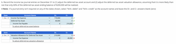 b. Record the income tax journal entries on December 31 to (1) adjust the deferred tax asset account and (2) adjust the deferred tax asset valuation allowance, assuming that it is more likely than
not that only 60% of the deferred tax asset ending balance of $200,000 will be realized.
• Note: If a journal entry isn't required on any of the dates shown, select "N/A-debit" and "N/A-credit" as the account names and leave the Dr. and Cr. answers blank (zero)
Date
1. Dec. 31
Date
2. Dec. 31
Account Name
Income Tax Expense
Deferred Tax Asset
Income Tax Payable
To adjust deferred tax asset balance
Account Name
Valuation Allowance for Deferred Tax Asset
Income Tax Expense
To adjust deferred tax valuation allowance
Dr.
170,000
40,000
0
Dr.
210,000
0
Cr.
0
0
210,000
Cr.
0x
40,000 X