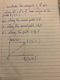 **Title: Evaluating the Integral of \( R^2 \) Along Different Paths**

**Objective:**
Evaluate the integral \(\int R^2 \, dl\) where \(R^2 = x^2 + y^2\), from the origin \(O\) to the point \(P(3,4)\).

**Paths for Evaluation:**

1. **Path (a):** Along the direct path \(OP\)
2. **Path (b):** Along the direct path \(OAP\)
3. **Path (c):** Along the path \(OP_2P\)

**Diagram Explanation:**

- **Coordinates:**
  - Origin \(O(0,0)\)
  - Point \(A(0,4)\)
  - Point \(P_2(3,0)\)
  - Point \(P(3,4)\)

The diagram illustrates three paths:
- **Path \(OP\):** A diagonal line directly from \(O\) to \(P(3,4)\).
- **Path \(OAP\):** A two-segment path, first going vertically to \(A(0,4)\) and then horizontally to \(P(3,4)\).
- **Path \(OP_2P\):** A two-segment path, first going horizontally to \(P_2(3,0)\) and then vertically to \(P(3,4)\).

**Approach:**

This exercise requires evaluating an integral along different paths between defined points, exploring how the integral of \(R^2\) varies based on the path taken. This helps illustrate properties such as path independence in vector fields when applicable.