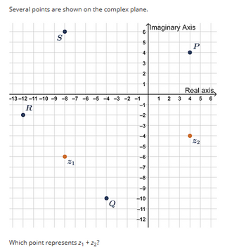 **Understanding the Complex Plane:**

The complex plane, also known as the Argand plane, is a way to visualize and work with complex numbers. The horizontal axis (Real axis) represents the real part of a complex number, while the vertical axis (Imaginary axis) represents the imaginary part.

**Graph Description:**

The graph represents several points on the complex plane:

1. **Point S:** Located at (-9, 5), where -9 is the real part and 5 is the imaginary part.
2. **Point P:** Located at (4, 5), where 4 is the real part and 5 is the imaginary part.
3. **Point R:** Located at (-12, 0), where -12 is the real part and 0 is the imaginary part.
4. **Point Q:** Located at (-7, -10), where -7 is the real part and -10 is the imaginary part.
5. **Point z1:** Located at (-3, -5), where -3 is the real part and -5 is the imaginary part.
6. **Point z2:** Located at (2, -6), where 2 is the real part and -6 is the imaginary part.

**Problem:**

Given the points z1 and z2 on the complex plane, identify which point represents the value of \(z_1 + z_2^2\).

### Solving the Problem:

1. **Points Given:**

   - \(z_1 = -3 - 5i\)
   - \(z_2 = 2 - 6i\)

2. **Calculating \(z_2^2\):**

   \[
   z_2^2 = (2 - 6i)^2 = 2^2 - 2 \cdot 2 \cdot 6i + (-6i)^2 = 4 - 24i - 36 = -32 - 24i
   \]

3. **Calculating \(z_1 + z_2^2\):**

   \[
   z_1 + z_2^2 = (-3 - 5i) + (-32 - 24i) = -35 - 29i
   \]

Therefore, we need to identify the point on the complex plane that corresponds to \((-35, -29)\).

Given the coordinates of points S, P, R,