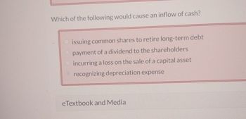 Which of the following would cause an inflow of cash?
issuing common shares to retire long-term debt
payment of a dividend to the shareholders
incurring a loss on the sale of a capital asset
recognizing depreciation expense
eTextbook and Media