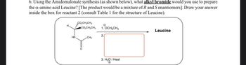 6. Using the Amidomalonate synthesis (as shown below), what alkyl bromide would you use to prepare
the α-amino acid Leucine? [The product would be a mixture of R and S enantiomers]. Draw your answer
inside the box for reactant 2 (consult Table 1 for the structure of Leucine).
CO₂CH2CH3
H
CO₂CH₂CH₂ 1. OCH2CH3
2.
HN.
CH3
°
3. H3O/Heat
Θ
Leucine