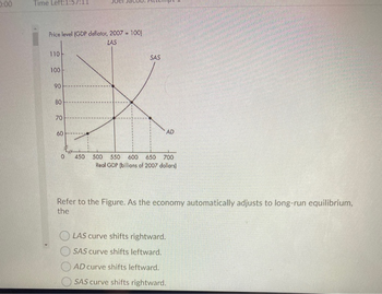 0:00
Time Left:1:57:11
Price level (GDP deflator, 2007 100)
LAS
110
100
90
80
70
60
0
=
SAS
AD
450 500 550 600 650 700
Real GDP (billions of 2007 dollars)
Refer to the Figure. As the economy automatically adjusts to long-run equilibrium,
the
OLAS curve shifts rightward.
SAS curve shifts leftward.
AD curve shifts leftward.
SAS curve shifts rightward.