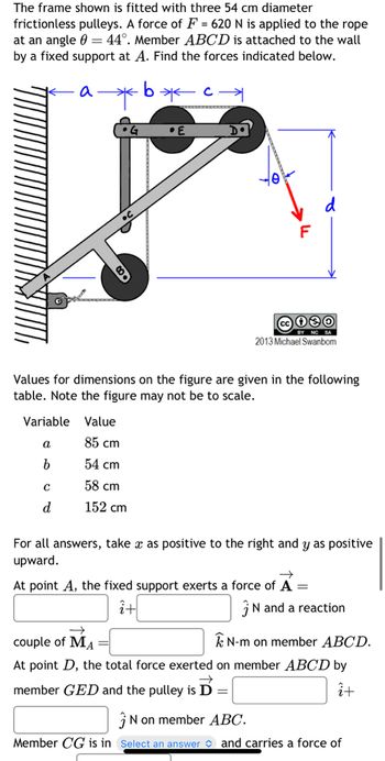 The frame shown is fitted with three 54 cm diameter
frictionless pulleys. A force of F = 620 N is applied to the rope
at an angle = 44°. Member ABCD is attached to the wall
by a fixed support at A. Find the forces indicated below.
Variable
a
b
a
C
d
*
b
Value
85 cm
54 cm
58 cm
152 cm
*
E
Values for dimensions on the figure are given in the following
table. Note the figure may not be to scale.
C-
F
2013 Michael Swanbom
For all answers, take x as positive to the right and y as positive
upward.
At point A, the fixed support exerts a force of A =
i+
N and a reaction
couple of MA
N-m on member ABCD.
At point D, the total force exerted on member ABCD by
member GED and the pulley is D =
î+
N on member ABC.
Member CG is in Select an answer and carries a force of