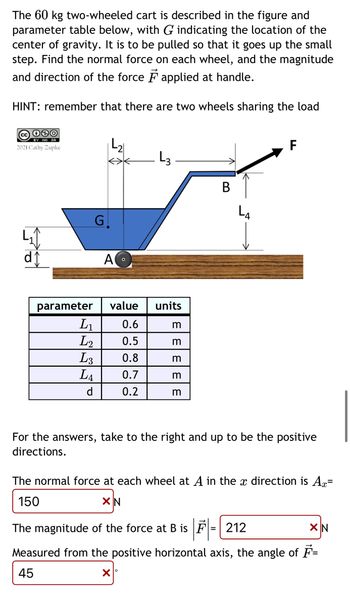 The 60 kg two-wheeled cart is described in the figure and
parameter table below, with G indicating the location of the
center of gravity. It is to be pulled so that it goes up the small
step. Find the normal force on each wheel, and the magnitude
and direction of the force applied at handle.
HINT: remember that there are two wheels sharing the load
@080
BY NO SA
2021 Cathy Zupke
4₁1
G
L₁
L₂
parameter value
0.6
0.5
0.8
0.7
0.2
A
L3
LA
d
L3
units
m
m
m
m
m
B
L₂
F
For the answers, take to the right and up to be the positive
directions.
The normal force at each wheel at A in the x direction is Ax=
150
XN
The magnitude of the force at B is F
Measured from the positive horizontal axis, the angle of F=
45
X°
= 212
XN