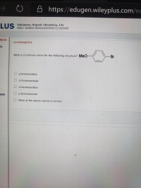 What is a common name for the following structure? MeO
Br
U p-bromoaniline
O m-bromoanisole
O m-bromoaniline
O p-bromoanisole
U None of the above names is correct.
