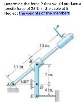 Determine the force P that would produce a
tensile force of 25 lb in the cable at E.
Neglect the weights of the members.
13 in.
11 in.
40
7 in.
4 in.
E