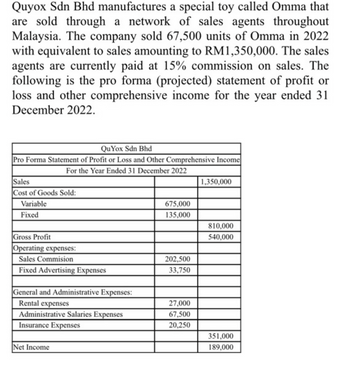 Quyox Sdn Bhd manufactures a special toy called Omma that
are sold through a network of sales agents throughout
Malaysia. The company sold 67,500 units of Omma in 2022
with equivalent to sales amounting to RM1,350,000. The sales
agents are currently paid at 15% commission on sales. The
following is the pro forma (projected) statement of profit or
loss and other comprehensive income for the year ended 31
December 2022.
Qu Yox Sdn Bhd
Pro Forma Statement of Profit or Loss and Other Comprehensive Income
For the Year Ended 31 December 2022
Sales
Cost of Goods Sold:
Variable
Fixed
Gross Profit
Operating expenses:
Sales Commision
Fixed Advertising Expenses
General and Administrative Expenses:
Rental expenses
Administrative Salaries Expenses
Insurance Expenses
Net Income
675,000
135,000
202,500
33,750
27,000
67,500
20,250
1,350,000
810,000
540,000
351,000
189,000