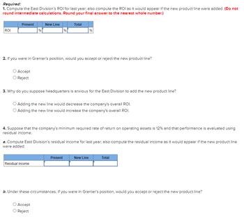 Required:
1. Compute the East Division's ROI for last year; also compute the ROI as it would appear if the new product line were added. (Do not
round intermediate calculations. Round your final answer to the nearest whole number.)
ROI
Present
O Accept
Reject
%
New Line
2. If you were in Grenier's position, would you accept or reject the new product line?
%
Residual income
Total
3. Why do you suppose headquarters is anxious for the East Division to add the new product line?
Adding the new line would decrease the company's overall ROI.
Adding the new line would increase the company's overall ROI.
Accept
Reject
%
4. Suppose that the company's minimum required rate of return on operating assets is 12% and that performance is evaluated using
residual income.
a. Compute East Division's residual income for last year, also compute the residual income as it would appear if the new product line
were added.
Present
New Line
Total
b. Under these circumstances, if you were in Grenier's position, would you accept or reject the new product line?