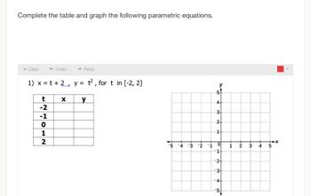 Complete the table and graph the following parametric equations.
x Clear
t
-2
1) x = t + 2, y = t², for t in [-2, 2]
4012
Undo
-1
Redo
X y
4
3
-2 -1
4+
3
2-
1
0
1-
-2+
-3
-4-
50
1
2
3
4
+x
5