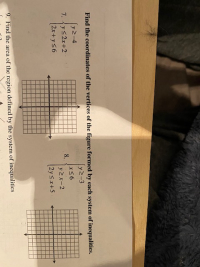 Find the coordinates of the vertices of the figure formed by each system of inequalities.
y2-3
[y2-4
7. {ys2x+2
[2x+y56
x56
8.
y2x-2
2ysx+5
