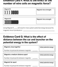 EVidenc e Card F: What IS the etTect of the
number of wire coils on magnetic force?
Magnet #1
Magnetic force strength:
Magnet #2
Magnetic force strength:
Using Magnet # will result in more system potential energy because the
magnetic force it produces is
Evidence Card G: What is the effect of
distance between the car and launcher on the
potential energy in the system?
Magnets close together
Initial potential energy:
Number of grid points between magnets:
Magnets a medium distance apart
Initial potential energy:
Number of grid points between magnets:
Magnets far apart
Initial potential energy:
Number of grid points between magnets:
