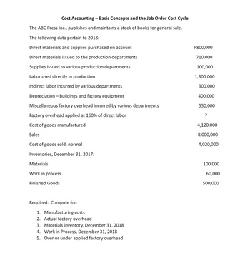 Cost Accounting - Basic Concepts and the Job Order Cost Cycle
The ABC Press Inc., publishes and maintains a stock of books for general sale.
The following data pertain to 2018:
Direct materials and supplies purchased on account
Direct materials issued to the production departments
Supplies issued to various production departments
Labor used directly in production
Indirect labor incurred by various departments
Depreciation - buildings and factory equipment
Miscellaneous factory overhead incurred by various departments
Factory overhead applied at 160% of direct labor
Cost of goods manufactured
Sales
Cost of goods sold, normal
Inventories, December 31, 2017:
Materials
Work in process
Finished Goods
Required: Compute for:
1. Manufacturing costs
2. Actual factory overhead
3. Materials inventory, December 31, 2018
4. Work in Process, December 31, 2018
5. Over or under applied factory overhead
P800,000
710,000
100,000
1,300,000
900,000
400,000
550,000
?
4,120,000
8,000,000
4,020,000
100,000
60,000
500,000