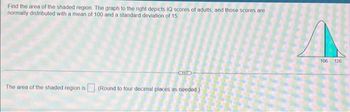 Find the area of the shaded region. The graph to the right depicts IQ scores of adults, and those scores are
normally distributed with a mean of 100 and a standard deviation of 15.
The area of the shaded region is (Round to four decimal places as needed.)
106 126