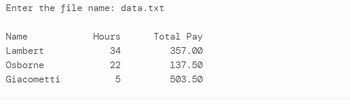 Enter the file name: data.txt
Name
Lambert
Osborne
Giacometti
Hours
34
22
5
Total Pay
357.00
137.50
503.50