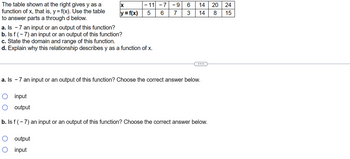 The table shown at the right gives y as a
function of x, that is, y = f(x). Use the table
to answer parts a through d below.
X
y = f(x)
a. Is - 7 an input or an output of this function?
b. Is f(-7) an input or an output of this function?
c. State the domain and range of this function.
d. Explain why this relationship describes y as a function of x.
-11-7
5 6
output
a. Is - 7 an input or an output of this function? Choose the correct answer below.
O input
-9 6 14 20 24
7
3
14
8 15
O input
O output
b. Is f(-7) an input or an output of this function? Choose the correct answer below.