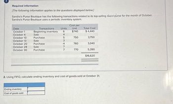 ---

## Inventory Management Case Study

### Sandra's Purse Boutique: Periodic Inventory System for October 

Sandra's Purse Boutique provides the following transactions associated with its top-selling Gucci purse for October. The boutique uses a periodic inventory system.

| Date        | Transactions         | Units | Cost per Unit | Total Cost |
|-------------|-----------------------|-------|---------------|------------|
| October 1   | Beginning inventory   | 6     | $740          | $4,440     |
| October 4   | Sale                  | -5    |               |            |
| October 10  | Purchase              | 5     | $750          | $3,750     |
| October 13  | Sale                  | -3    |               |            |
| October 20  | Purchase              | 4     | $760          | $3,040     |
| October 28  | Sale                  | -4    |               |            |
| October 30  | Purchase              | 7     | $770          | $5,390     |

**Total Cost of Purchases for October:** $16,620

### Required:
Using the FIFO (First-In, First-Out) method, calculate the ending inventory and cost of goods sold on October 31.

#### Steps for Calculation:

1. **Determine the cost of goods sold (COGS) using FIFO:**
   - FIFO implies that the earliest items purchased are the first to be sold.

#### Transactions Breakdown:

   - **Sales:**
     - October 4: Sold 5 units from Beginning Inventory -> 5 units at $740 = $3,700
     - October 13: Sold 3 units from remaining 1 unit in Beginning Inventory and 2 units from October 10 purchase -> 1 unit at $740 + 2 units at $750 = $740 + $1,500 = $2,240
     - October 28: Sold 4 units -> 3 units from October 10 purchase and 1 unit from October 20 purchase -> 3 units at $750 + 1 unit at $760 = $2,250 + $760 = $3,010
   
   - **Total COGS:**
     \[
     3,700 + 2,240 + 3,010 = 8,950
     \]

2. **Calculate the ending inventory:**
   - Items remaining:
     -