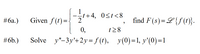 Given S(1)=-2+4,
Given f (t)=-
find F(s)=L{S (1)}-
#6a.)
0,
t28
#6b.)
Solve y"-3y'+2y= f (t), y(0)=1, y'(0)=1
