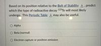 Based on its position relative to the Belt of Stability , predict
which the type of radioactive decay 123Te will most likely
undergo. This Periodic Table , may also be useful.
O Alpha
O Beta (normal)
O Electron capture or positron emission
