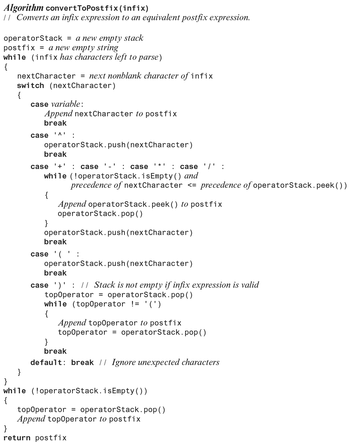 Algorithm convertToPostfix (infix)
11 Converts an infix expression to an equivalent postfix expression.
operatorStack = a new empty stack
postfix = a new empty string
while (infix has characters left to parse)
{
nextCharacter = next nonblank character of infix
switch (nextCharacter)
{
}
}
while
{
case variable:
Append nextCharacter to postfix
break
case 'Λ'
operatorStack.push(nextCharacter)
break
case '+': case
: case
while (!operatorStack.isEmpty() and
precedence of nextCharacter <= precedence of operatorStack.peek ())
Append operatorStack. peek () to postfix
operatorStack.pop()
{
}
break
case '(':
I
operatorStack.push(nextCharacter)
I* I
operatorStack.push(nextCharacter)
break
case ')': // Stack is not empty if infix expression is valid
operatorStack.pop()
=
topOperator
while (topOperator != '(')
{
: case '/' :
Append topOperator to postfix
topOperator = operatorStack.pop()
(!operatorStack.isEmpty())
}
break
default: break // Ignore unexpected characters
}
return postfix
topOperator = operatorStack.pop()
Append topOperator to postfix