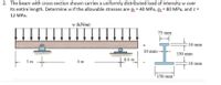 2. The beam with cross-section shown carries a uniformly distributed load of intensity w over
its entire length. Determine w if the allowable stresses are g = 40 MPa, gs = 80 MPa, and T =
12 MPa.
w (kN/m)
75 mm
10 mm
10 mm-
150 mm
0.5 m
1 m
3 m
:10 mm
150 mm
