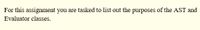 For this assignment you are tasked to list out the purposes of the AST and
Evaluator classes.
