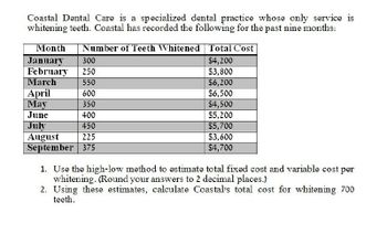 Coastal Dental Care is a specialized dental practice whose only service is
whitening teeth. Coastal has recorded the following for the past nine months:
Month Number of Teeth Whitened Total Cost
January
300
February
250
March
550
April
600
May
350
June
400
July
450
August
225
September 375
$4,200
$3,800
$6,200
$6,500
$4,500
$5,200
$5,700
$3,600
$4,700
1. Use the high-low method to estimate total fixed cost and variable cost per
whitening. (Round your answers to 2 decimal places.)
2. Using these estimates, calculate Coastal's total cost for whitening 700
teeth.