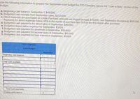 Use the following information to prepare the September cash budget for PTO Company. Ignore the "Loan activity" section of the
budget
a. Beginning cash balance, September 1, $49,000.
b. Budgeted cash receipts from September sales, $257,000.
c. Direct materials are purchased on credit Purchase amounts are August (actual), $70,000; and September (budgeted). $101,000.
Payments for direct materials follow. 65% in the month of purchase and 35% in the first month after purchase.
d. Budgeted cash payments for direct labor in September, $40,000.
e. Budgeted depreciation expense for September, $3.100.
f. Budgeted cash payment for dividends in September, $50,000.
g. Budgeted cash payment for income taxes in September, $10,200.
h. Budgeted cash payment for loan interest in September, $1,600.
PTO COMPANY.
Cash Budget
September
Beginning cash balance
Total cash available
Total cash payments
Ending cash balance
