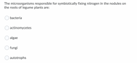 The microorganisms responsible for symbiotically fixing nitrogen in the nodules on
the roots of legume plants are:
bacteria
actinomycetes
algae
fungi
O autotrophs
