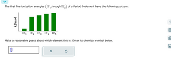 The first five ionization energies (IE, through IE) of a Period 6 element have the following pattern:
kJ/mol
IE₁ IE₂ IE3 IE4 IE5
Make a reasonable guess about which element this is. Enter its chemical symbol below.
X
Ś
?
00
18
Ar