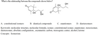 What is the relationship between the compounds shown below?
ОН
OH
ÕH
ÕH
A. constitutional isomers
B. identical compounds
C. enantiomers
D. diastereomers
Keywords: molecular structure, molecular formula, isomer, constitutional isomer, enantiomer, stereoisomer,
diastereomer, absolute configuration., asymmetric carbon, stereogenic center, alcohol, ketone
Concepts: Isomerism
