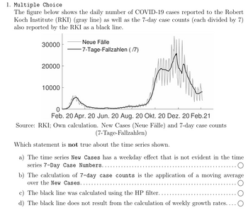 1. Multiple Choice
The figure below shows the daily number of COVID-19 cases reported to the Robert
Koch Institute (RKI) (gray line) as well as the 7-day case counts (each divided by 7)
also reported by the RKI as a black line.
30000
Neue Fälle
-7-Tage-Fallzahlen (/7)
20000
10000
0
Feb. 20 Apr. 20 Jun. 20 Aug. 20 Okt. 20 Dez. 20 Feb.21
Source: RKI; Own calculation. New Cases (Neue Fälle) and 7-day case counts
(7-Tage-Fallzahlen)
Which statement is not true about the time series shown.
a) The time series New Cases has a weekday effect that is not evident in the time
series 7-Day Case Numbers.
b) The calculation of 7-day case counts is the application of a moving average
over the New Cases..
c) The black line was calculated using the HP filter.
d) The black line does not result from the calculation of weekly growth rates. …...