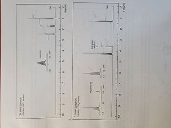 1H NMR Spectrum
(200 MHz, CDCl3 solution)
2.00
expansion
1.50 ppm
10
9
8
7
6
5
4
3
2
1
d.
1H NMR Spectrum
(200 MHz, CDCl 3 solution)
expansions
4.4
4.0
3.6
ppm
1.4 1.2 ppm
exchanges
with D₂O
TMS
0
S (ppm)
signlet
Triple 7
10
9
8
7
6
5
4
3
2
1
TMS
0
S (ppm)