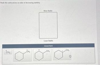 Rank the carbocations in order of decreasing stability.
CH3
CH₂
Most Stable
Least Stable
Answer Bank
CH3
CH3