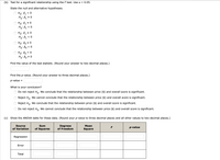 (b) Test for a significant relationship using the F test. Use a = 0.05.
State the null and alternative hypotheses.
Ho: Bq = 0
Ha: B1 + 0
Ho: B, + 0
1
Ha
B1
Ho: B, 2 0
H3: B1 < 0
Ho: Bo + 0
Ha: Po = 0
Ho: Po
H: Bo + 0
= 0
Find the value of the test statistic. (Round your answer to two decimal places.)
Find the p-value. (Round your answer to three decimal places.)
p-value
What is your conclusion?
Do not reject Ho: We conclude that the relationship between price ($) and overall score is significant.
Reject Ho. We cannot conclude that the relationship between price ($) and overall score is significant.
Reject Ho. We conclude that the relationship between price ($) and overall score is significant.
Do not reject Ho. We cannot conclude that the relationship between price ($) and overall score is significant.
(c) Show the ANOVA table for these data. (Round your p-value to three decimal places and all other values to two decimal places.)
Source
Sum
Degrees
of Freedom
Mean
F
p-value
of Variation
of Squares
Square
Regression
Error
Total
