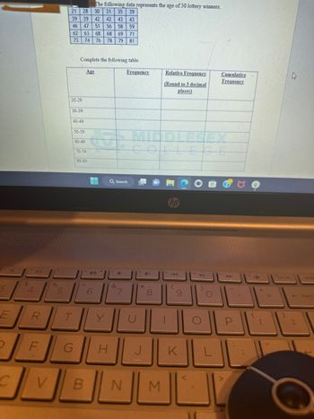 3
E
C
$
R
F
%
5
21 28 30 31 35 39
39
39 42 42 43 43
46
47 51 56 58 59
62
68 68 69 71
73
76 78 79 81
20-29
Complete the following table.
Age
30-39
63
74
40-49
50-59
60-69
70-79
The following data represents the age of 30 lottery winners.
80-89
--
▬
To 40
6
Q Search
G H
&
C-
Frequency
7
*
COLLEGE
J
+
00
8
Relative Frequency
(Round to 3 decimal
places)
V B N M
(
9
All
U
K
Cumulative
Frequency
O
[
prt sc
←
1
deles
backs