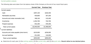 Current position analysis
The following data were taken from the balance sheet of Nilo Company at the end of two recent fiscal years:
Current assets:
Cash
Current Year
Previous Year
$397,100
$326,400
Marketable securities
459,800
367,200
Accounts and notes receivable (net)
188,100
122,400
Inventories
1,052,700
702,700
Prepaid expenses
542,300
449,300
Total current assets
$2,640,000
$1,968,000
Current liabilities:
Accounts and notes payable (short-term)
$319,000
$336,000
Accrued liabilities
Total current liabilities
231,000
$550,000
144,000
$480,000
a. Determine for each year (1) the working capital, (2) the current ratio, and (3) the quick ratio. Round ratios to one decimal place.