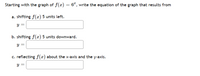 Starting with the graph of f(x)
6", write the equation of the graph that results from
a. shifting f(x) 5 units left.
y =
b. shifting f(x) 5 units downward.
y =
c. reflecting f(x) about the x-axis and the y-axis.
y =
